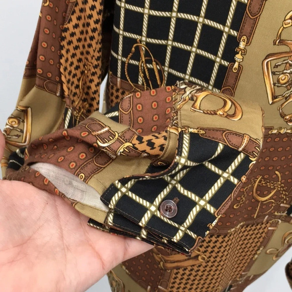 British Khaki Shirt Womens 10 Tan Brown Patchwork‎ Print Button Up Equestrian - Picture 6 of 13